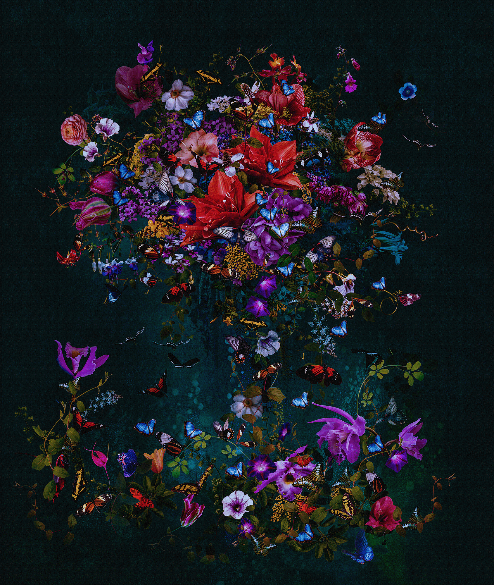 Colorful bouquet of flowers and butterflies on a dark background