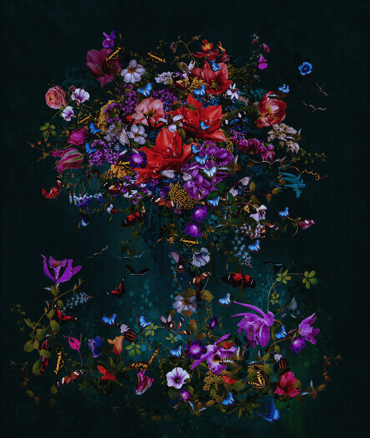 Colorful bouquet of flowers and butterflies on a dark background