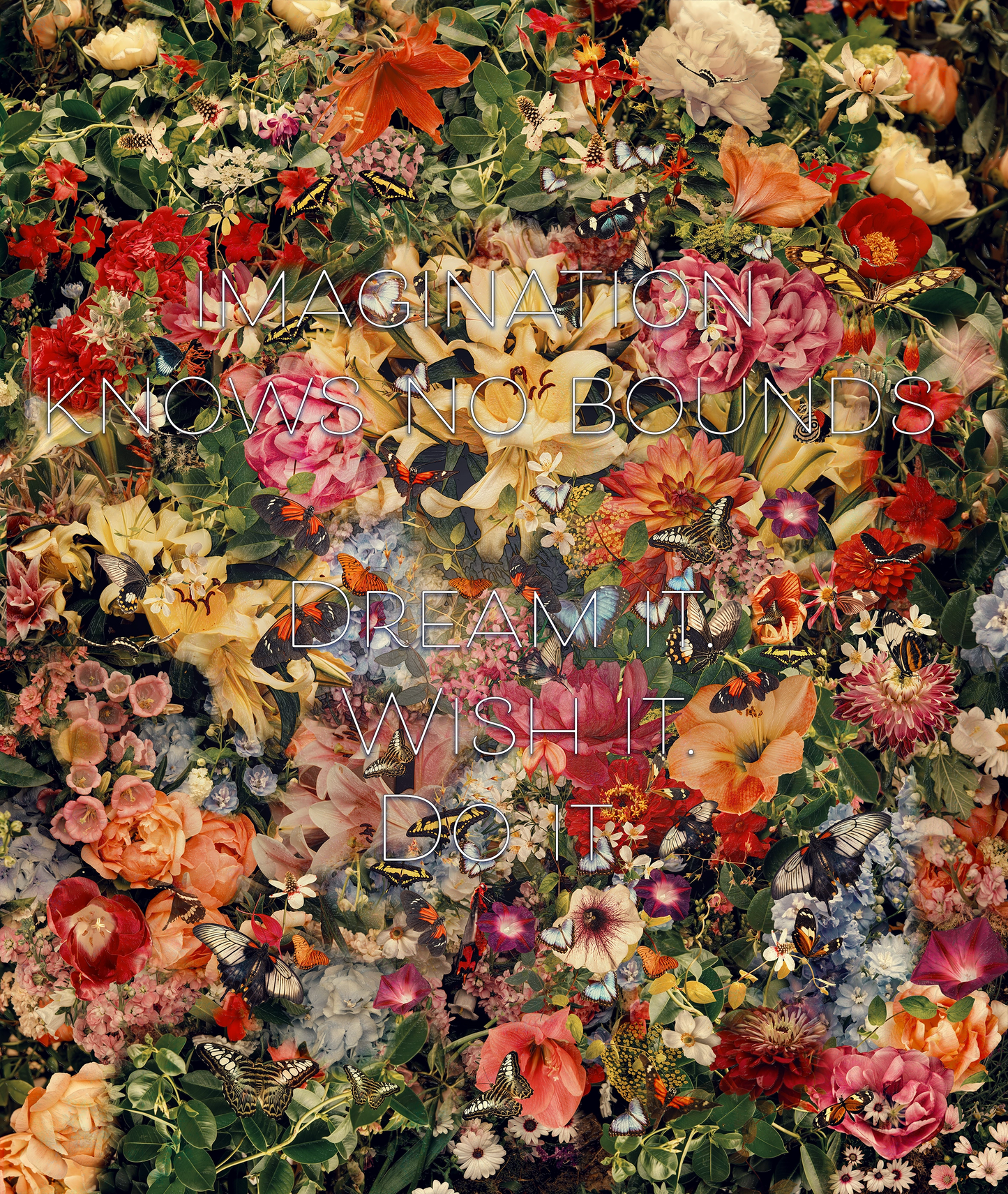Botanical wall art featuring a dense floral collage with butterflies and motivational text.
