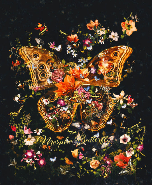Colorful floral arrangement with butterflies on a dark background