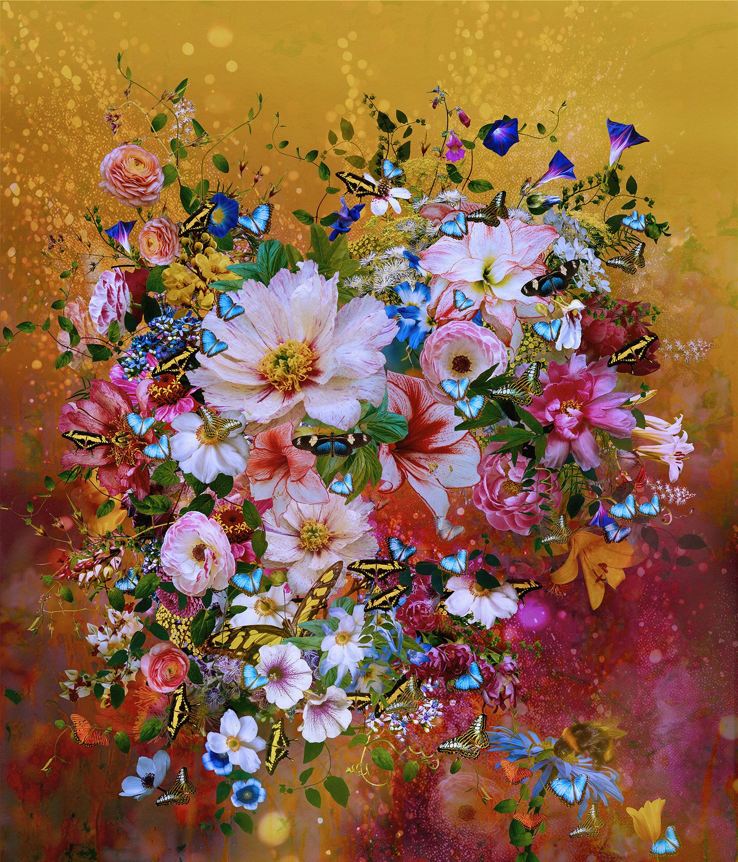 Vibrant digital art of a floral bouquet with various butterflies on a textured gold and red backdrop.