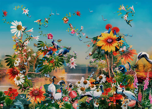 Colorful scene with flowers, birds, and animals in a natural setting