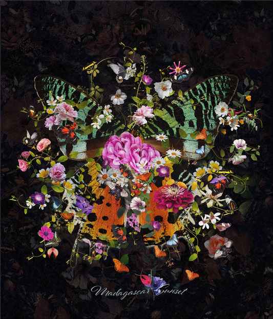 Colorful floral arrangement with butterflies on a dark background