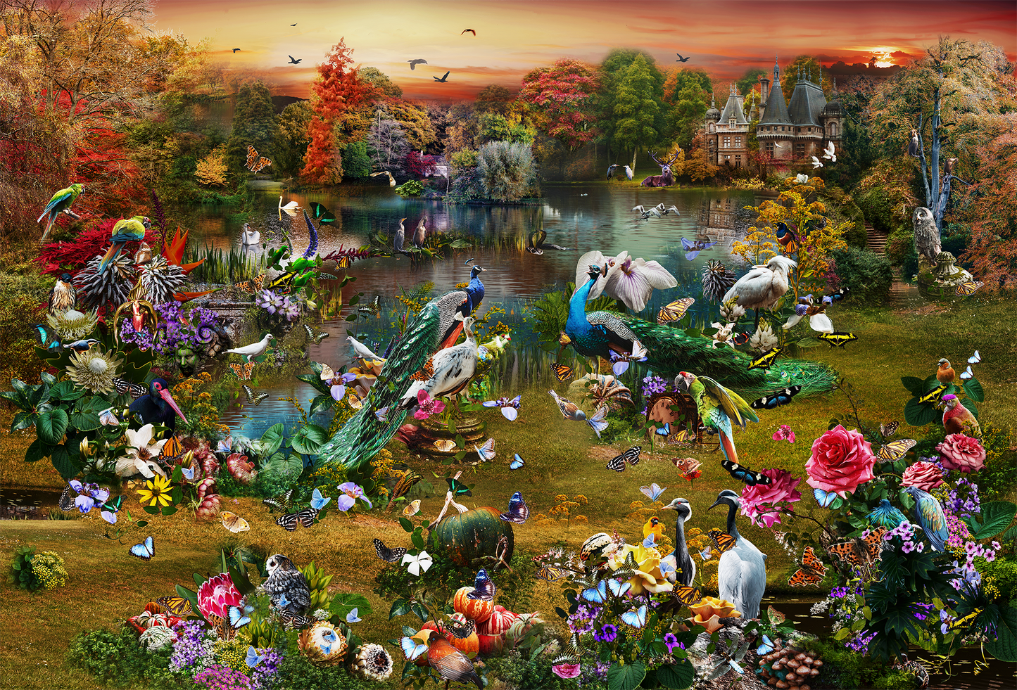 Colorful fantasy garden scene with various creatures and flowers
