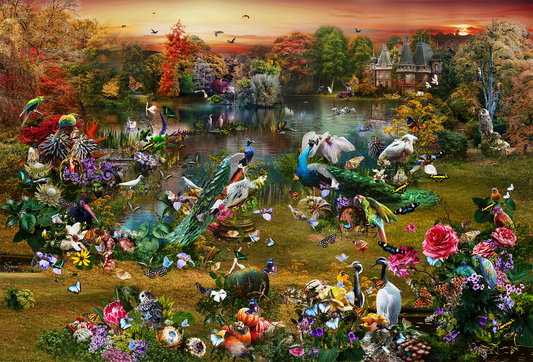 Colorful fantasy garden scene with various creatures and flowers